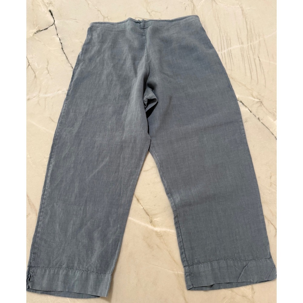 Bryn Walker Slate Blue Grey Linen Pull On Wide Leg Cropped Pants Made in USA L